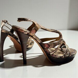 WHBM Luxe Metallic Python‑Embossed Strappy Heels